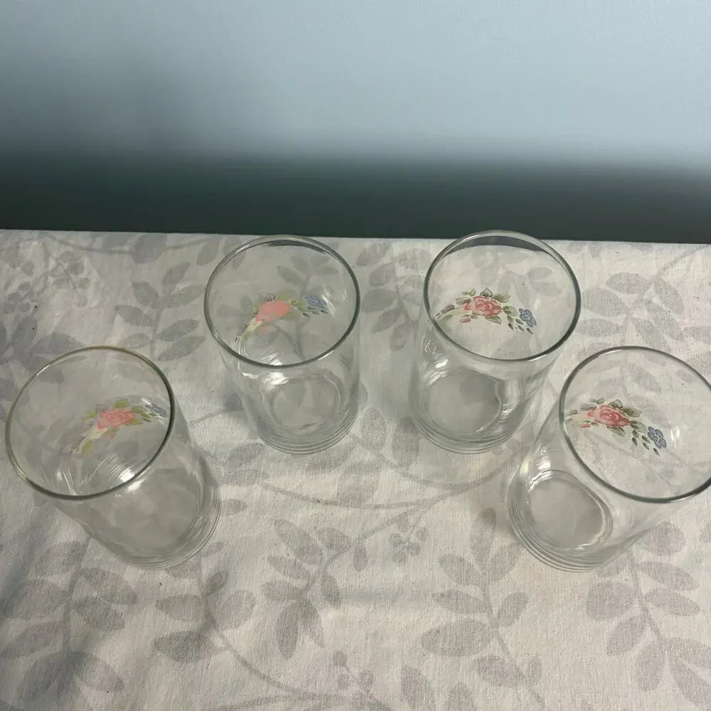 Cottagecore Anchor Hocking Rose Floral Tumblers Set of 4 Vintage Grandmillenial